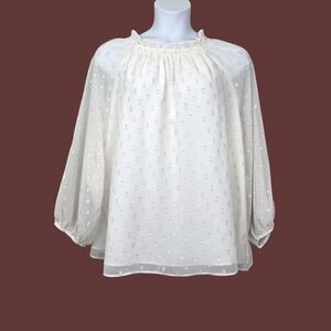 Talbots Womens Ivory Silver Metallic Clip Dot Ruffle Neck Blouse Size 3X NWT